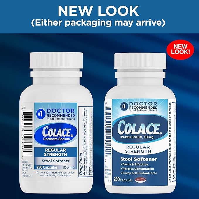 Colace Regular Strength Stimulant-Free Stool Softener 100mg, Docusate Sodium Laxative for Safe Occasional Constipation Relief, Cramp-Free, Irregularity Treatment for Adults & Children 2+, 250 Capsules