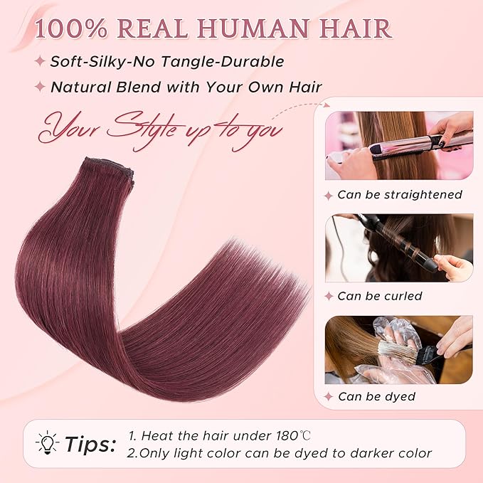 SEGO Single Clip In Hair Extensions Real Human Hair 6 Pcs Individual Clip Ins Highlight Remy Balayage Straight Soft Seamless Hairpieces for Women -22 Inch #99J Wine red