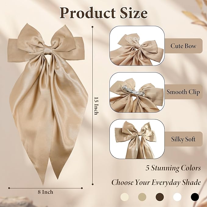 Brown Big Hair Bow for Women - 5Pcs Large Hair Clips for Girls Silky Satin Bows Set, Oversized Long Tail Cute Hair Ribbons Barrettes Aesthetic Hair Accessories Hairbows Gifts