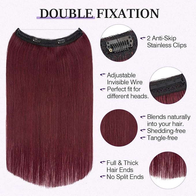Halo Hair Extensions Real Human Hair,Halo Hair Extension 100% Human Hair,Wire Hair Extensions,Thicker 99J Burgundy Wine Red 16inch/80g