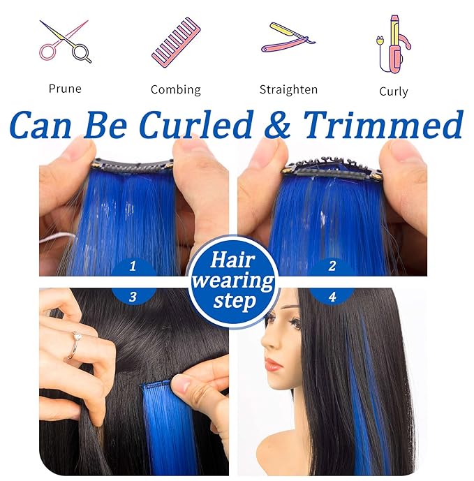 10 PCS 20 inch Colorful Party Highlights Clip in Blue Hair Extensions Multicolors Straight Synthetic Hairpieces for Women Kids Girls Wig Pieces (Blue)