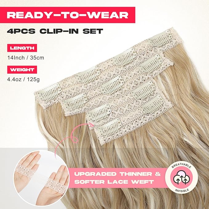 Hair Extensions, 14" Short Clip in Hair Extensions 4PCS Beach Wave Blonde Natural Soft Synthetic Hairpiece for Women - Honey Blonde with Highlights