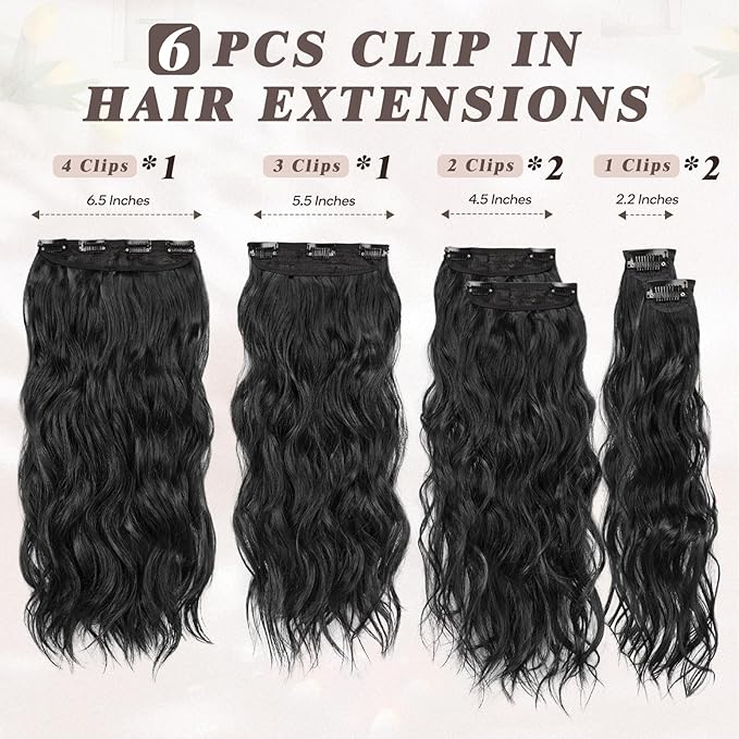 BARSDAR Wavy Black Clip in Hair Extensions - Black Wavy Clip in Hair Extensions for Women - 20 Inch 6 PCS Easy Wear Thick Soft Synthetic Natural Looking Hairpieces Daily Party Halloween