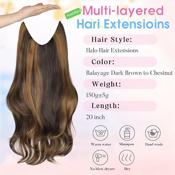 Invisible Wire Hair Extensions with Transparent Wire Adjustable Size 4 Secure Clips Long Wavy Secret Hairpiece 20 Inch for Women(Balayage Dark Brown to Chestnut)