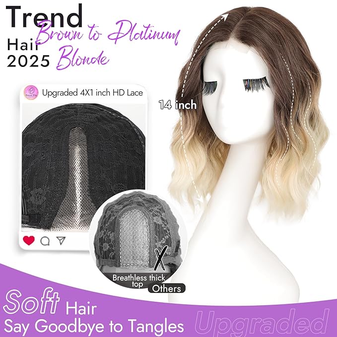 Brown to Platinum Blonde Short Wavy Wig for Women Lace Hairline Bob Style Synthetic Heat Resistant - Natural Appearance for Everyday Hairstyle 14 Inch