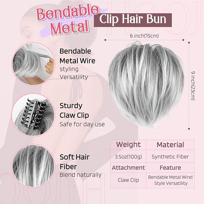 HOOJIH Ponytail Extension, Claw Clip in Straight Messy Hair Bun - 9 Inch Short Ponytail with Bendable Metal Wire Hair Pieces for Women - Fake Hair Bun - Ombre Gray with Platinum Gray Tails
