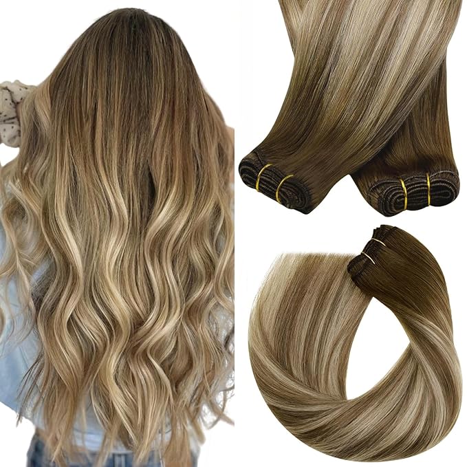 Sunny Hair Sew in Hair Extensions Real Human Hair 22inch Human Hair Extensions Sew in Dark Brown Roots to Light Brown Balayage Blonde Human Hair Weft Extensions Long Straight Hair 100g