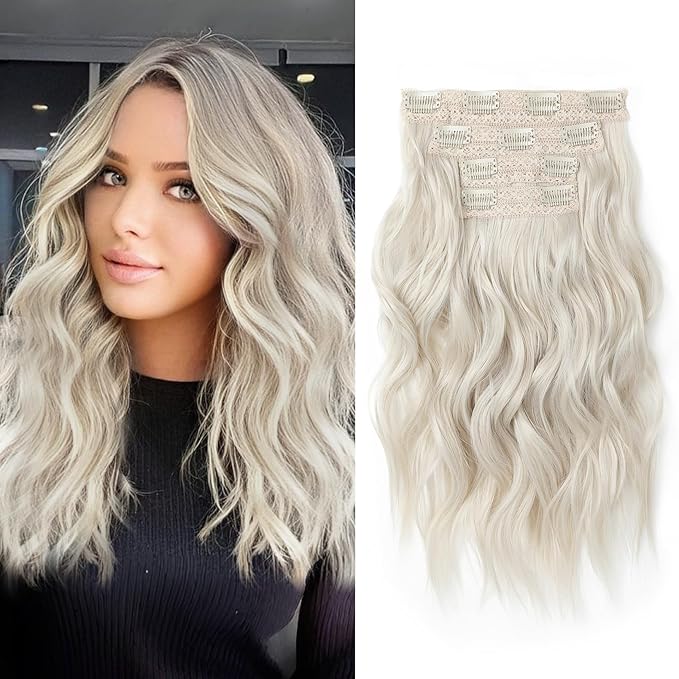Hair Extensions, 14" Short Clip in Hair Extensions 4PCS Beach Wave Blonde Natural Soft Synthetic Hairpiece for Women - Platinum Blonde