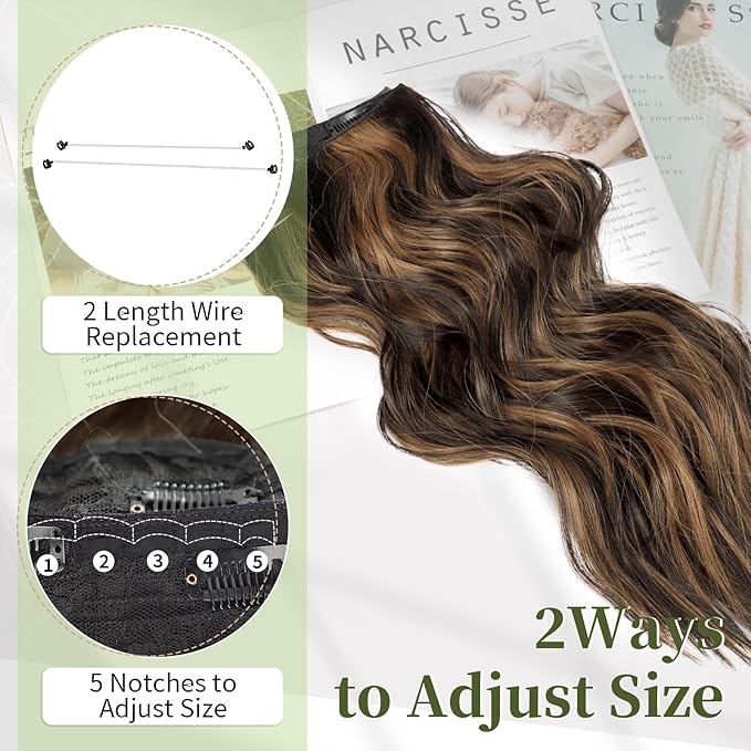 KooKaStyle Invisible Wire Hair Extensions with Transparent Wire Adjustable Size 4 Secure Clips Long Wavy Secret Wire Hairpiece 24 Inch for Women (H2/426#Balayage Dark Brown to Chestnut)