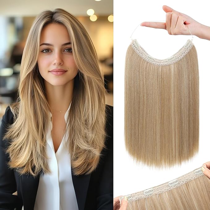 REECHO 16" Invisible Wire Hair Extensions with Thinner Softer Lace Weft Adjustable Size Removable Secure Clips in Short Straight Secret Hairpiece for Women - Honey Blonde with Highlights