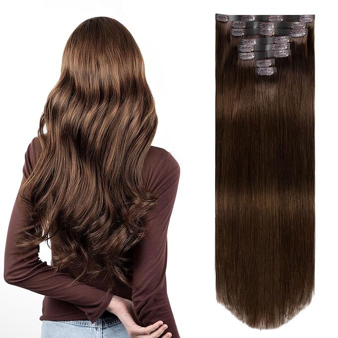 Clip in Hair Extensions Real Human Hair Chocolate Brown Seamless Clip In 100% Straight Remy Hair Extensions PU Skin Weft Add Volume for Women #4A 18Inch 120G 8PCS