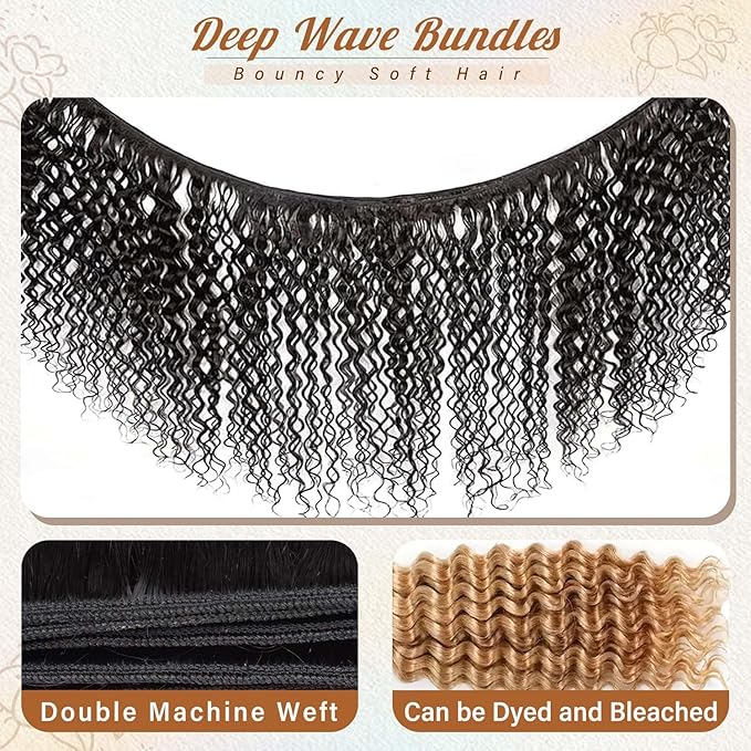 Brazilian Deep Wave Human Hair Bundles 20 22 24 26 Inch 12A Grade 100% Unprocessed Virgin Remy Deep Curly Human Hair Wet and Wavy Extensions 4 Pcs Deep Wave Bundles