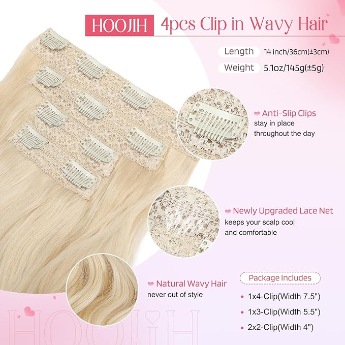 HOOJIH Clip in Hair Extensions 4PCS 14" Short Curly Clip on Hair Extensions Invisible Lace Weft Natural Soft Hairpieces for Women - Light Blonde