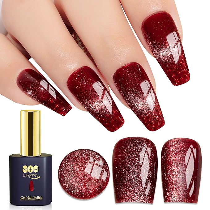 YTD Likomey Cat Eye Gel Nail Polish,Berry Red 15ml Translucent Neutral Jelly Glitter Sheer UV Magnet Blood Red Fall Winter UV Color Varnish with Magnetic Stick,MY302