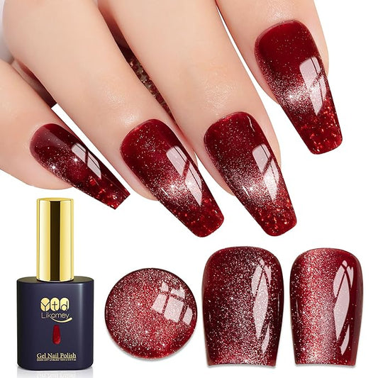 YTD Likomey Cat Eye Gel Nail Polish,Berry Red 15ml Translucent Neutral Jelly Glitter Sheer UV Magnet Blood Red Fall Winter UV Color Varnish with Magnetic Stick,MY302