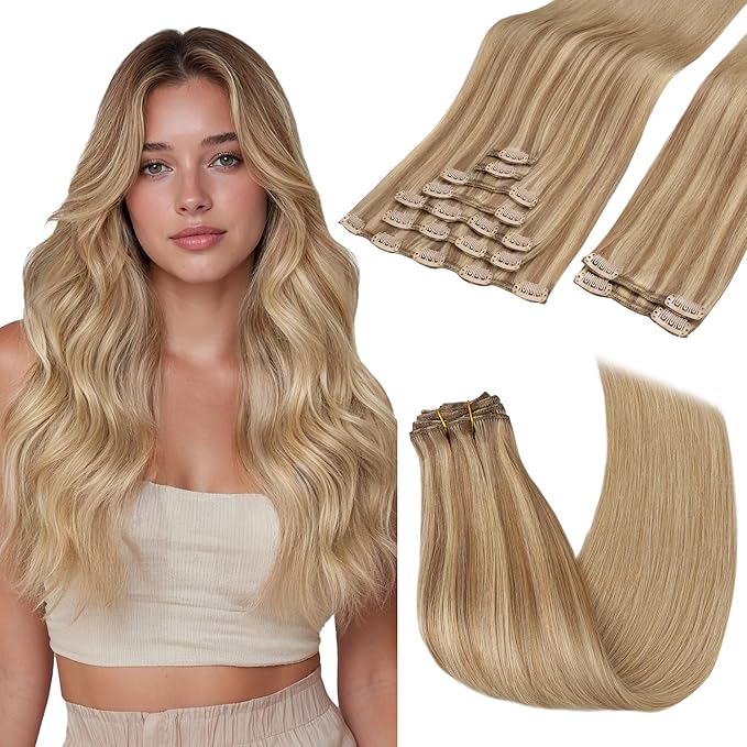 GOO GOO Clip in Hair Extensions Real Human Hair, Remy Human Hair Extensions Clip ins for Women, Natural Human Hair, 22inch 150g 9 Pcs, #12A/18H Ash Beige Blonde Blend