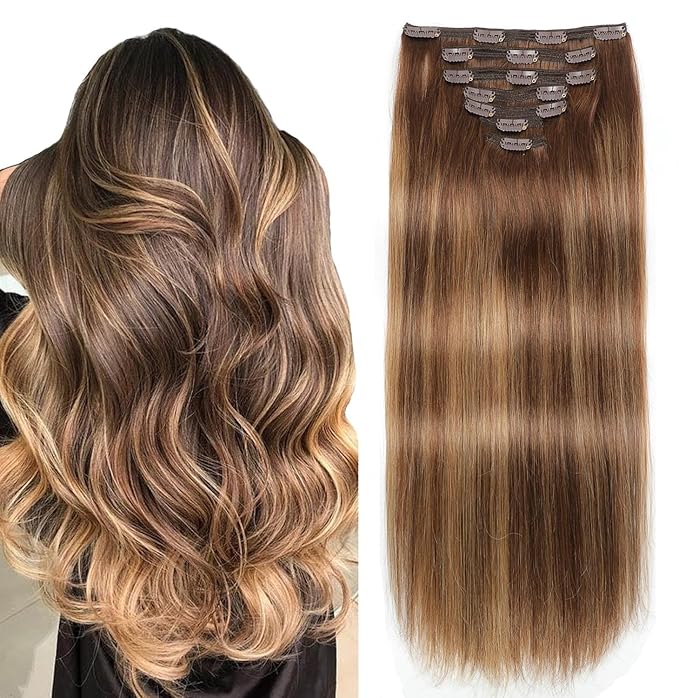 Sisily Clip in Hair Extensions Real Human Hair, 22 inch 170g, Chocolate Brown To Caramel Blonde, 100% Brazilian Remy Human Hair Clip in Extensions Soft Straight 7pcs Per Set with 16 Clips Double Weft