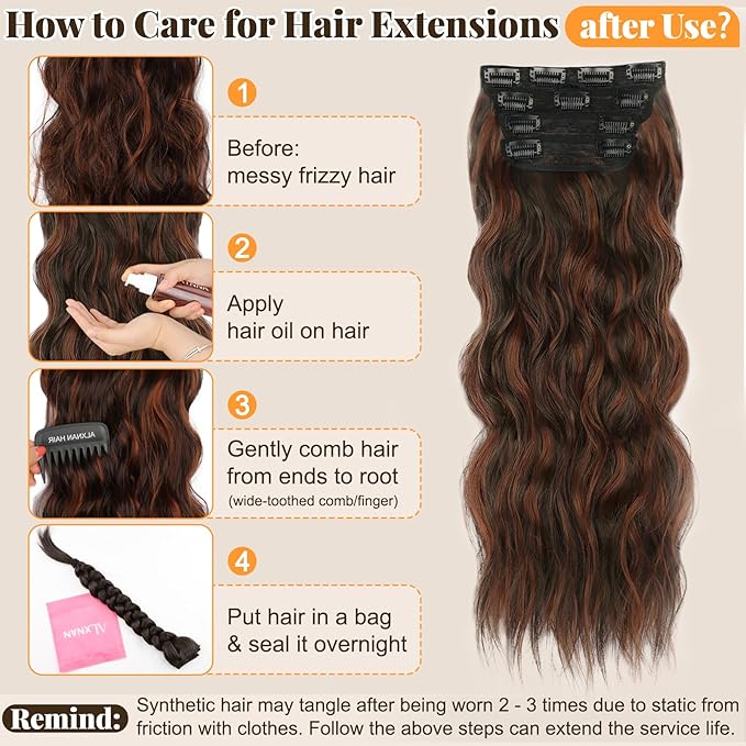 ALXNAN Clip in Long Wavy Synthetic Hair Extension 24 Inch Dark Brown with Reddish Brown Highlights 4PCS Thick Hairpieces Fiber Double Weft Hair for Women