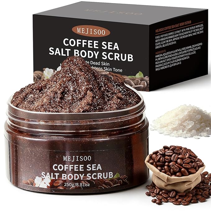 Coffee Sea Salt Body Scrub – Exfoliating & Moisturizing Scrub with Coconut Oil & Shea Butter – Anti-Cellulite Treatment for Smooth Skin – Organic, Vegan, 8.8 oz