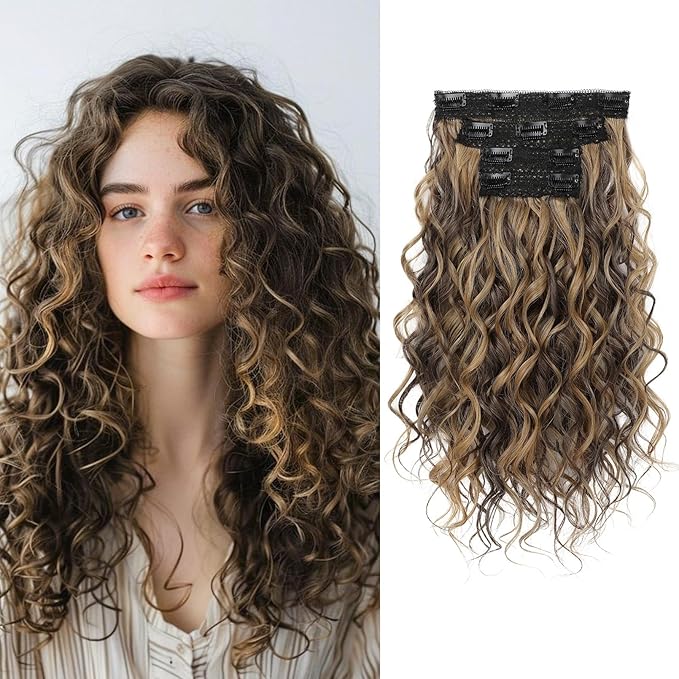 REECHO Curly Hair Extensions, 4PCS 16 inch Clip in Hair Extensions Lace Weft Short Curly Hair Extensions Clip Ins Invisible Natural Hairpieces for Women, Chocolate Brown with Highlights