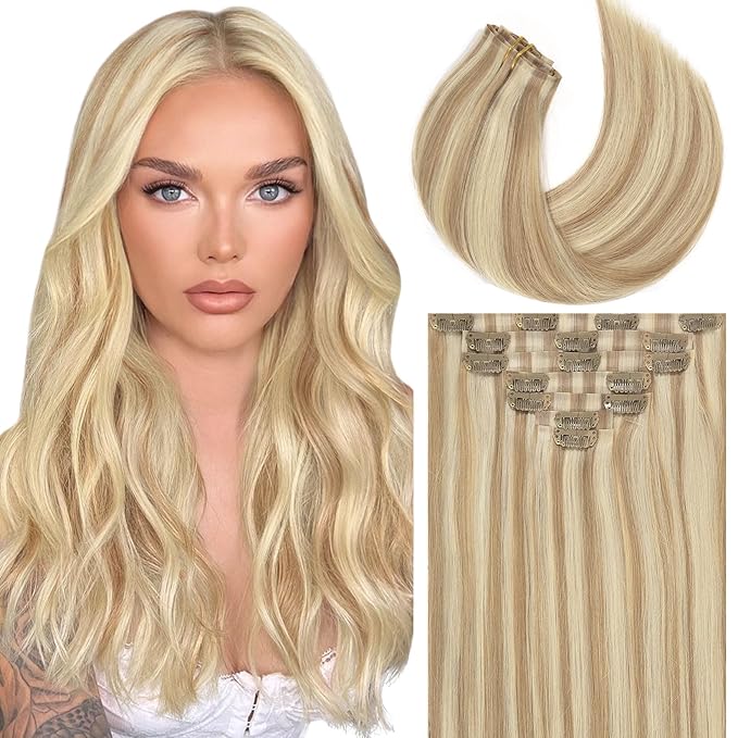 Caliee 14Inch Seamless Clip in Hair Extensions Human Hair Full Head P8-60A Light Brown Highlights Platinum Blonde Clip in Hair Extensions 7Pcs 110G Real Human Hair for Thin Hair
