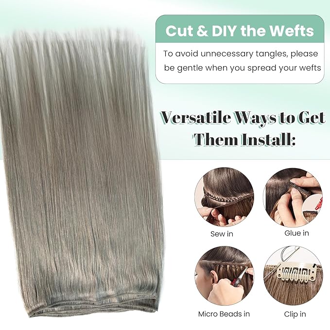 Grey Sew in Hair Extensions Real Human Hair Weave, Silver Straight Human Hair Weft Extensions Hand Tied Silver Gray Hair Weft Bundles 16 Inch 100G Thick Full Remy Human Hair Silver Sew in Extensions