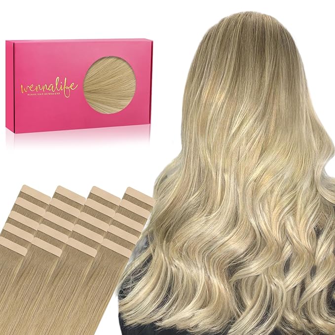 WENNALIFE Tape in Hair Extensions Human Hair, 20pcs 60g 26 inch Balayage Dirty Blonde to White Blonde Remy Hair Extensions Straight Human Hair Tape in Extensions Skin Weft Tape Extensions Human Hair