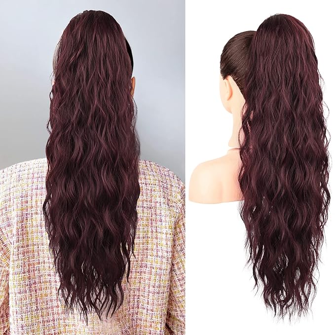 Flufymooz Ponytail Extension, 26 Inch Drawstring Ponytail Hair Extensions for Women， Long Curly Wavy Pony Tail Natural Wavy Synthetic Hairpiece for Women Daily Use party (26 inch, Ombre Burgundy)