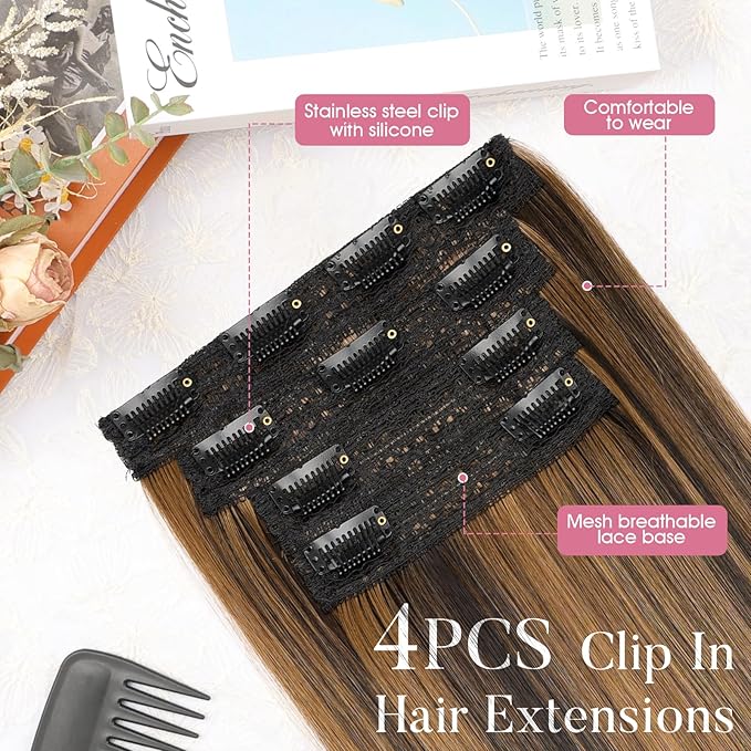 Clip in Hair Extensions Long Straight Hairpieces 22 Inch Balayage Dark Brown to Chestnut 4PCS Ultra-thin and breathable Hairpieces Fiber Double Weft Hair for women