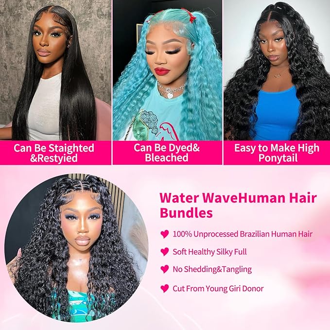 Water Wave Human Hair Bundles 16 16 16 Inch 12A Deep Curly Bundles Human Hair 100% Unprocessed Wet and Wavy Bundles Human Hair Extensions Natural Black