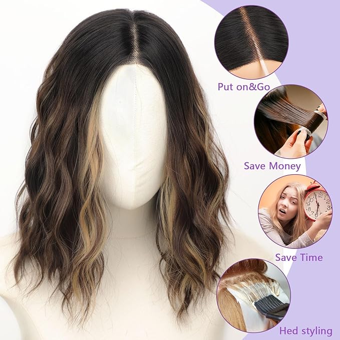 AISI HAIR 14 Inch Brown Mix Blonde Wigs for Women - Shoulder Length Wave Wig with Pre-Cut Lace Hairline, Middle Part Natural Wavy Bob Synthetic Heat Resistant Fiber for Daily and Party
