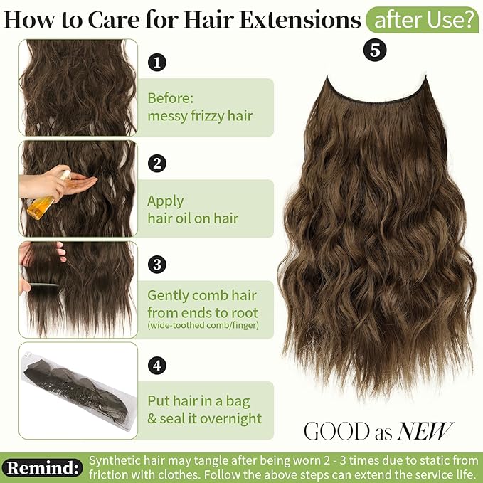 KooKaStyle Invisible Wire Hair Extensions with Transparent Headband Adjustable Size 4 Secure Clips Long Wavy Secret Wire Hairpiece for Women (16 Inch, Chestnut Brown)