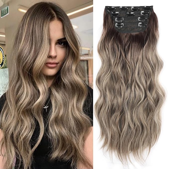 4PCS Thick Hairpieces Clip in Hair Extensions for Women Synthetic Clip in Long Wavy Hair Extension 20 Inch Double Weft Hairpieces Full Head For Women (20INCH, R6/88)