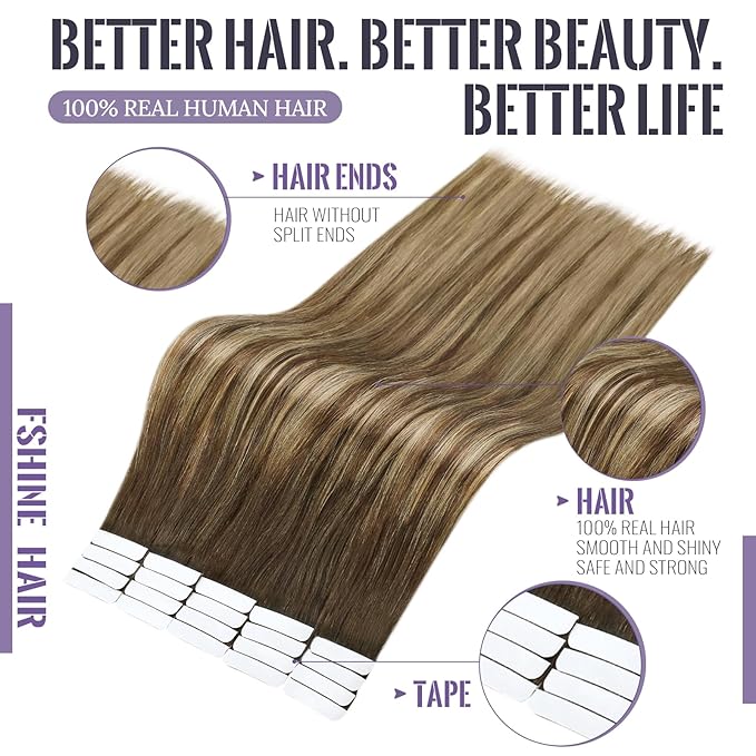 Fshine Human Hair Balayage Tape in Hair Extensions Brunette to Medium Brown and Caramel Blonde Ombre Extensions Adhensive 20 Inch 20 pcs 50 g,for Moms & Busy Moms