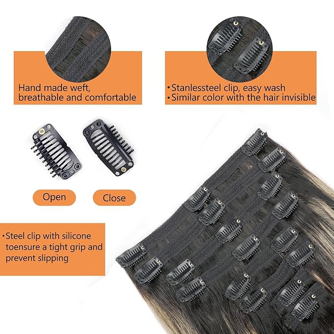 FB27 Balayage Clip In Hair Extensions Real Human Hair Straight Ombre Clip In Black to Blonde Human Hair Extensions Highlight Clip ins Remy Hair for Women 8Pcs with 18Clips Lace Weft 120g 20inch