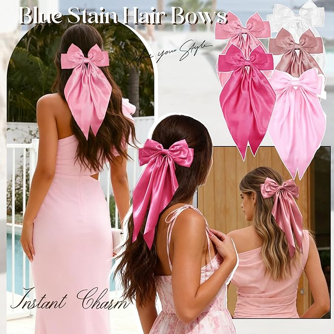 Pink Big Hair Bow for Women - 5Pcs Large Hair Clips for Girls Silky Satin BowsSet, Oversized Long Tail Cute Hair Ribbons Barrettes Aesthetic Hair Accessories Hairbows Gifts