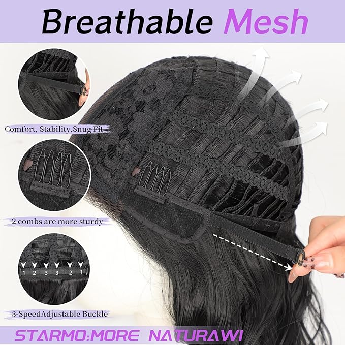 AISI HAIR 14 Inch Natural Black Wigs for Women - Shoulder Length Wave Wig with Pre-Cut Lace Hairline, Middle Part Natural Wavy Bob Synthetic Heat Resistant Fiber for Daily and Party