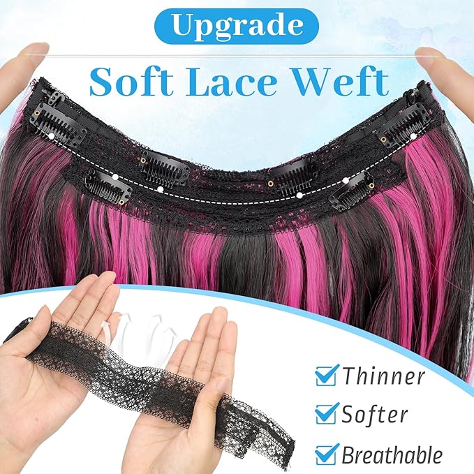 KooKaStyle Invisible Wire Hair Extensions 20"Long Wavy Layered Synthetic Clip in with Transparent Wire Adjustable Size 6 Secure Clips Black and Hot Pink Thick Hairpieces for Women 20 Inch