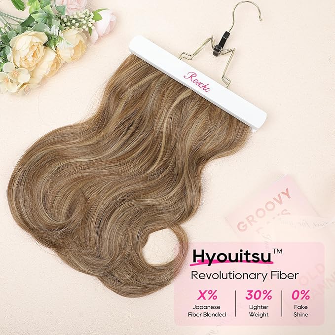 REECHO Clip in Hair Extensions - 4PCS Lace Weft 14" Short Wavy Invisible Hairpieces for Women - Natural Soft Light Brown With Blonde Highlights
