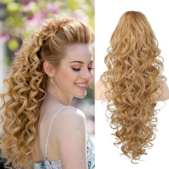 SEIKEA Ponytail Extension, 24" Fluffy Long Wavy Curly Claw Clip Hair Extensions Ponytail Multi-layered Clip in Fake Pony Tails Natural Soft Synthetic Hairpiece Dark Champagne Blonde