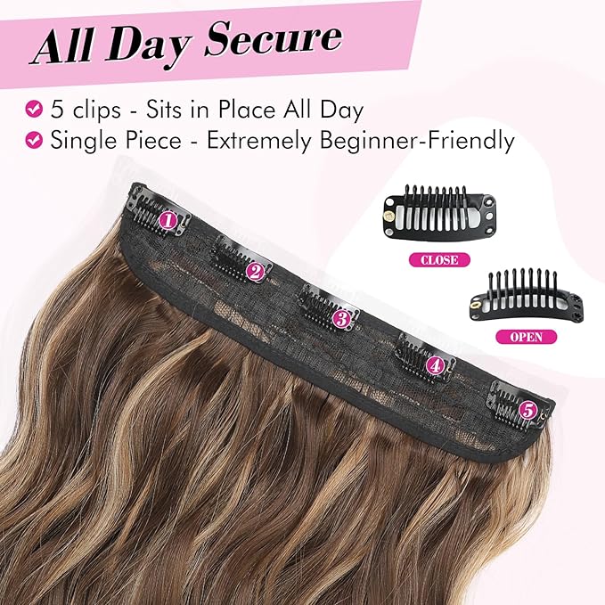 REECHO Clip in Hair Extensions, 20” One Piece Hair Extension Clip in Wefts Long Thick Beach Wavy Natural Soft Synthetic Hairpieces for Women, Chocolate Brown with Blonde Highlights