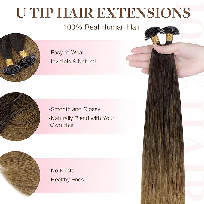 GOO GOO U Tip Hair Extensions - Real Human Hair, 24inch 50g 50S, Hot Fusion U Tip, Invisible Remy, Chocolate Dip Color Melt
