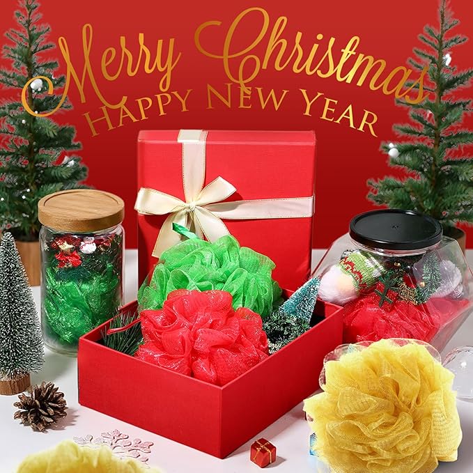 12 Pcs Christmas Bath Loofah Sponge Red Green Loofah Exfoliating Body Scrubber Shower Sponge 50g Mesh Shower Pouf Balls Gift Set for Women Men Bathing Accessories(Red,Green,Gold)