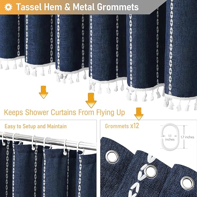 BTTN Boho Farmhouse Shower Curtain - Linen Rustic Heavy Duty Striped Fabric Shower Curtain Set with Tassel, Bohemian Vintage Country Cloth Shower Curtains for Bathroom，Navy Blue，72" W x 96" L
