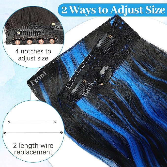 KooKaStyle Invisible Wire Hair Extensions Long Wavy Layered Synthetic Hair with Transparent Wire Adjustable Size 6 Secure Clips Hairpieces for Women(Black with Blue 20 Inch)