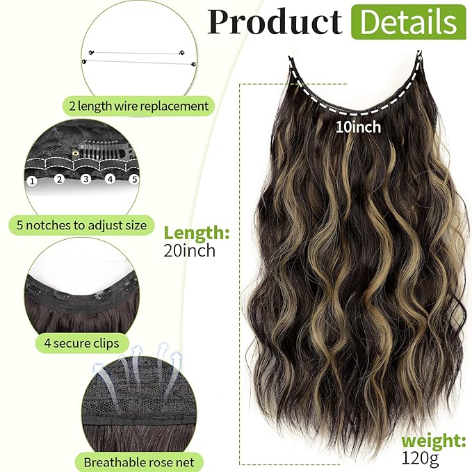 KooKaStyle Invisible Wire Hair Extensions with Transparent Headband Adjustable Size 4 Secure Clips Long Wavy Secret Wire Hairpiece 20 Inch Dark Brown with Blonde Highlights for Women