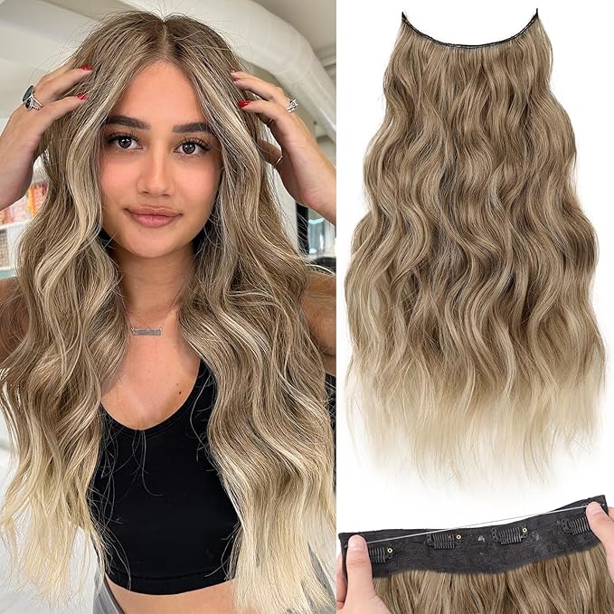 KooKaStyle Invisible Wire Hair Extensions with Transparent Wire Adjustable Size 4 Secure Clips Long Wavy Secret Synthetic Hairpiece 20 Inch for Women(Ash Brown mix Bleach Blonde)