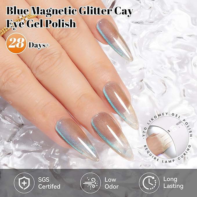 YTD Likomey Crystal Cat Eye Gel Nail Polish,15ml Gray Blue Magnetic Shimmer Shimmer Glitter Translucent Jelly Shiny Salon Home Fall Winter UV Varnish with Magnet Stick,HEMA Free TPO Free,MY515