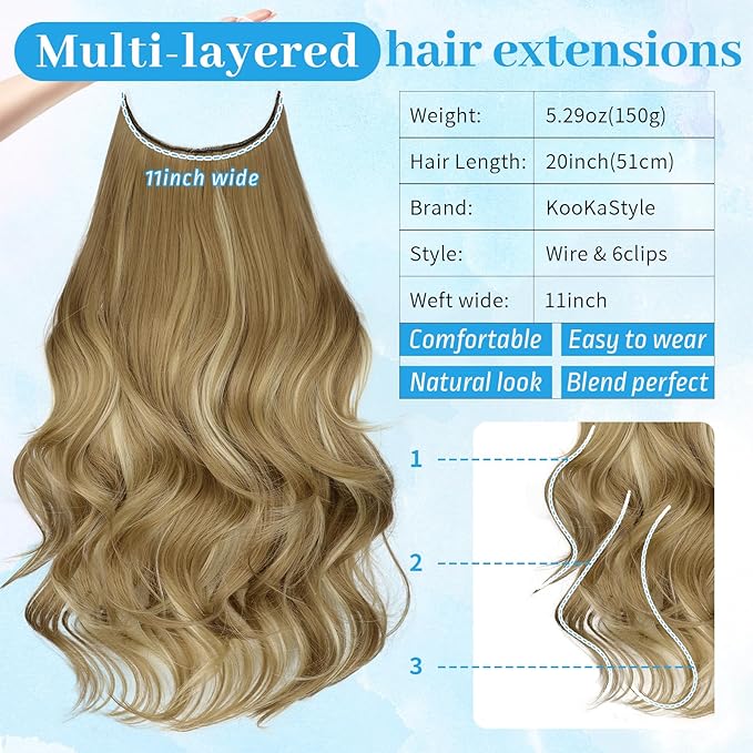 KooKaStyle Invisible Wire Hair Extensions Long Straight Layered Synthetic with Transparent Wire Adjustable Size 6 Secure Clips Hairpieces for Women(20 Inch,Honey Blonde with Platinum Highlights)