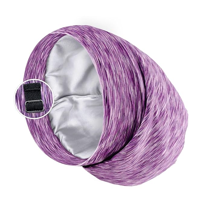 Satin Lined Sleep Cap Bonnet for Curly Hair and Braids, Stay On All Night Hair Wrap with Adjustable Strap for Women and Men, Purple Type2, Pack of 1